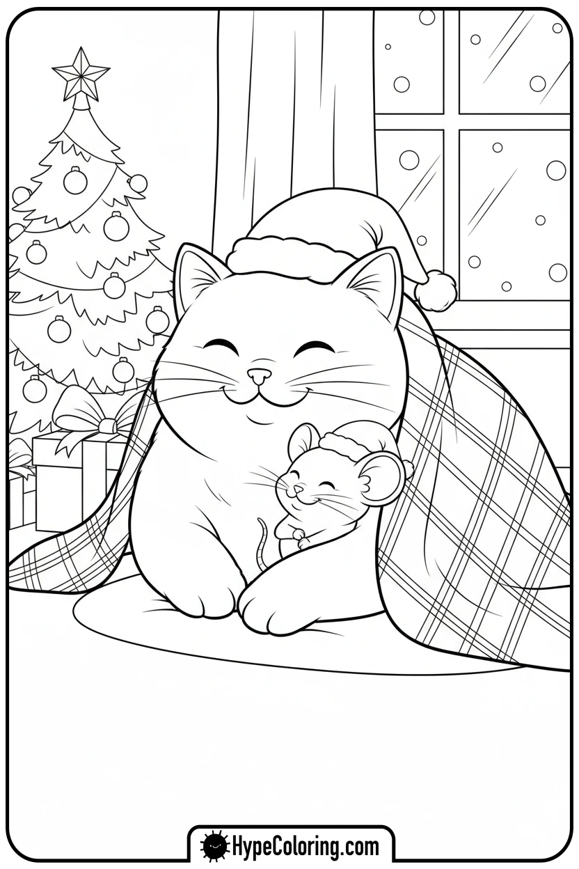 cat-and-mouse-friends - christmas cat coloring page