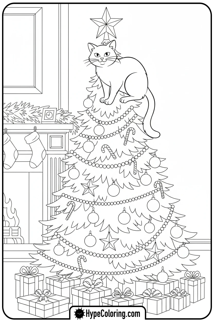 cat-on-tree-top - christmas cat coloring page