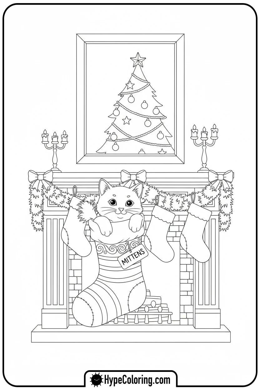 cat-in-christmas-stocking - christmas cat coloring page