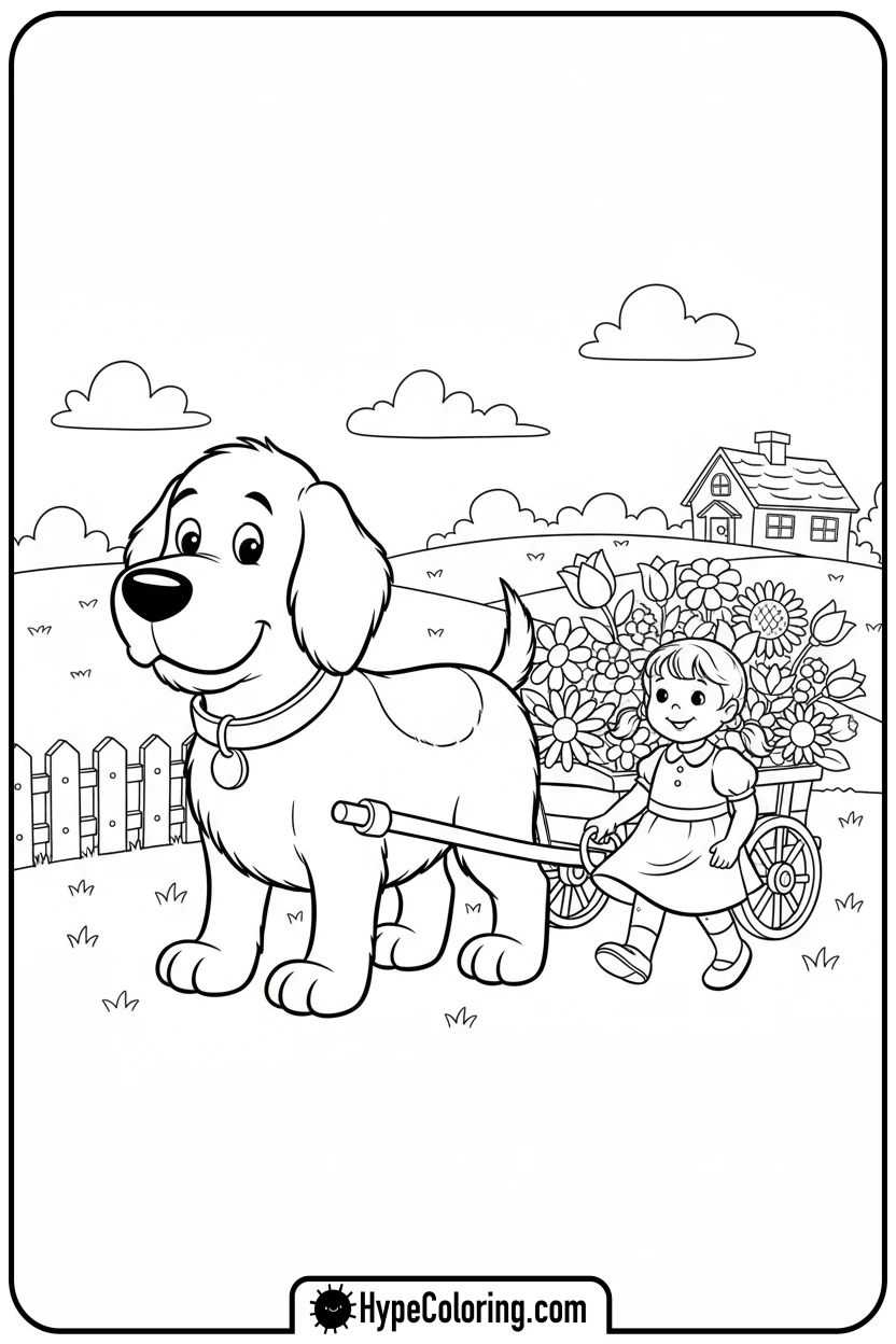 clifford-pulling-wagon-with-flowers - clifford the red dog coloring pages
