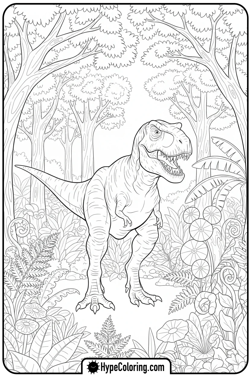 t-rex-walking-in-prehistoric-jungle - t rex dinosaur coloring pages