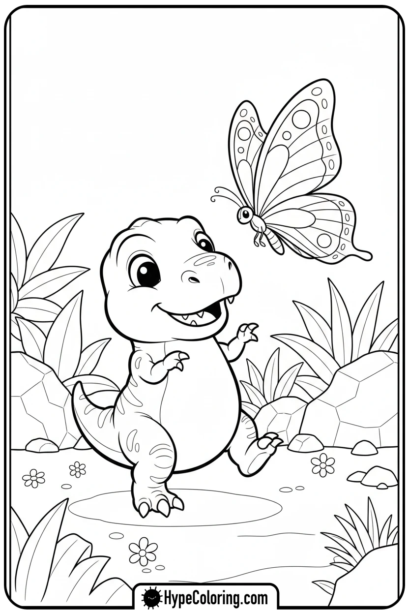 baby-t-rex-chasing-butterfly - t rex dinosaur coloring pages