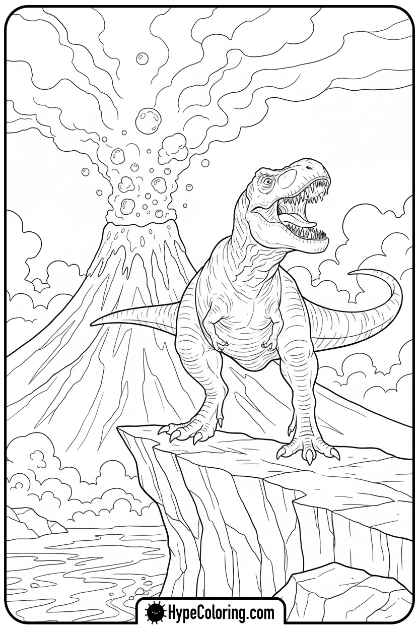 roaring-t-rex-on-cliff - t rex dinosaur coloring pages