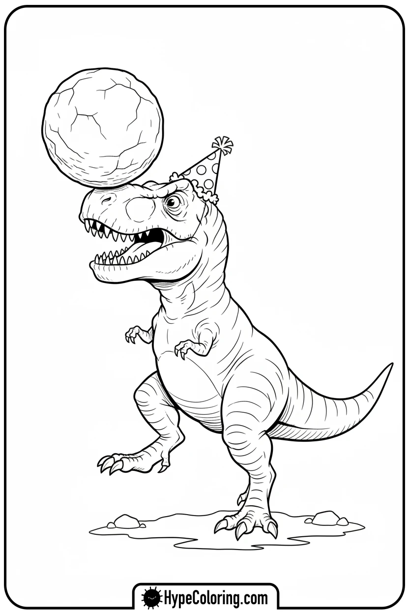 t-rex-balancing-boulder-with-hat - t rex dinosaur coloring pages