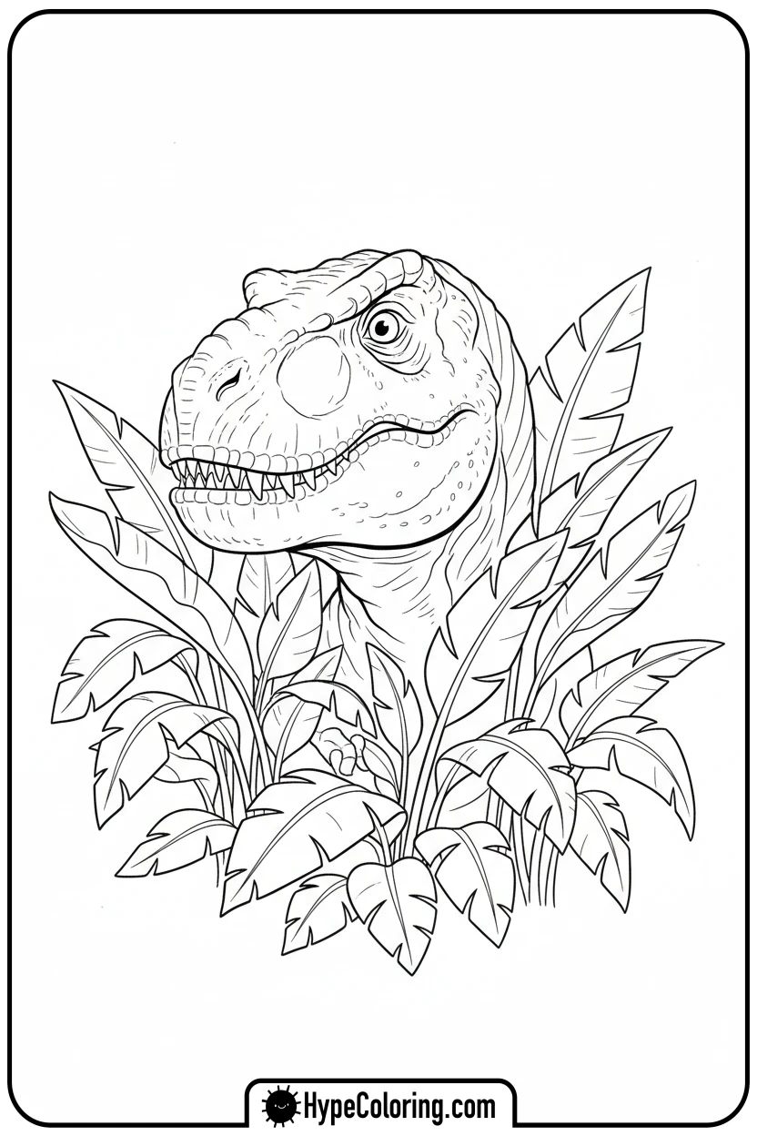 t-rex-peeking-from-plants - t rex dinosaur coloring pages