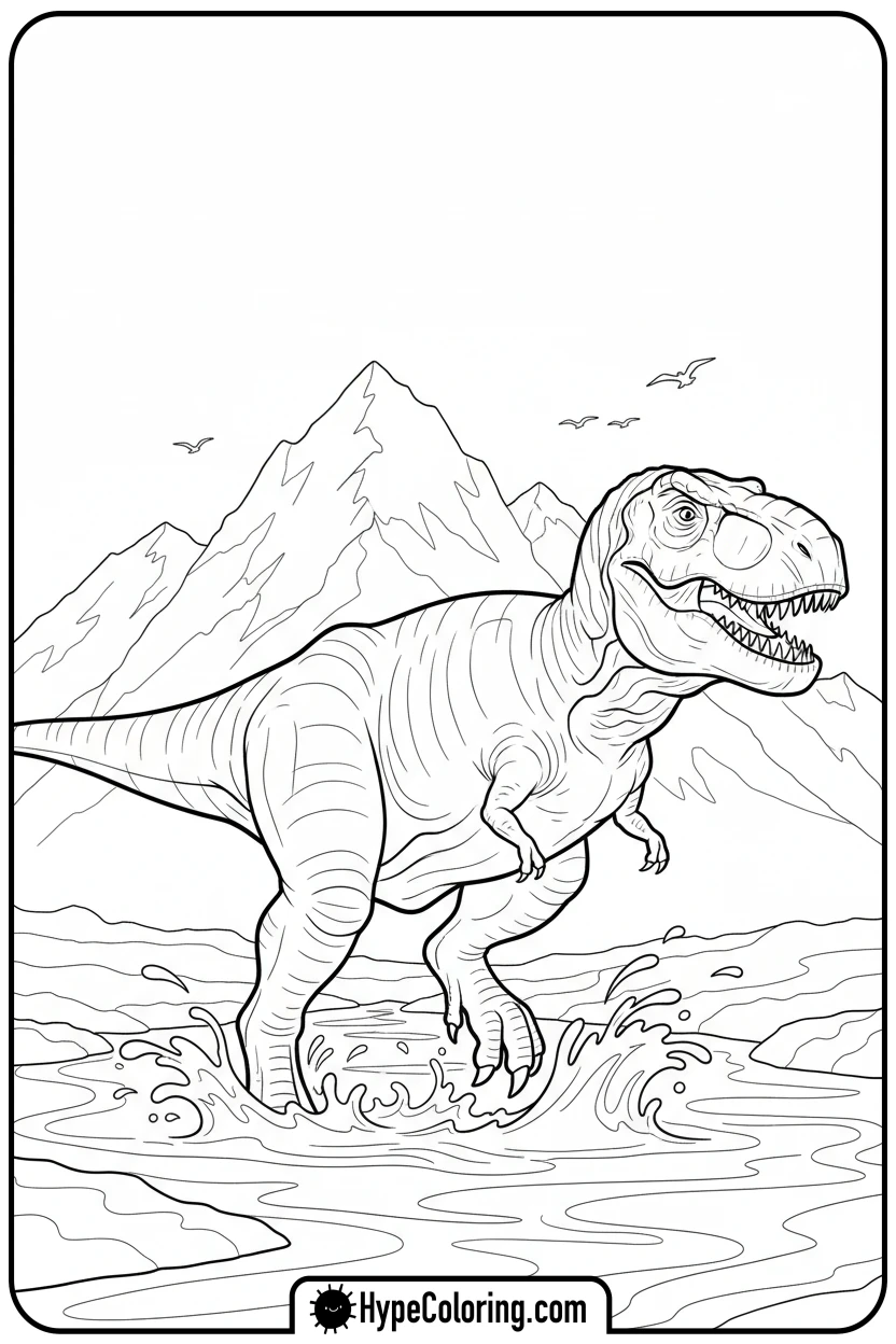 t-rex-wading-in-river - t rex dinosaur coloring pages