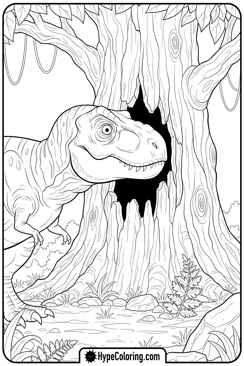 t-rex-looking-into-tree - t rex dinosaur coloring pages