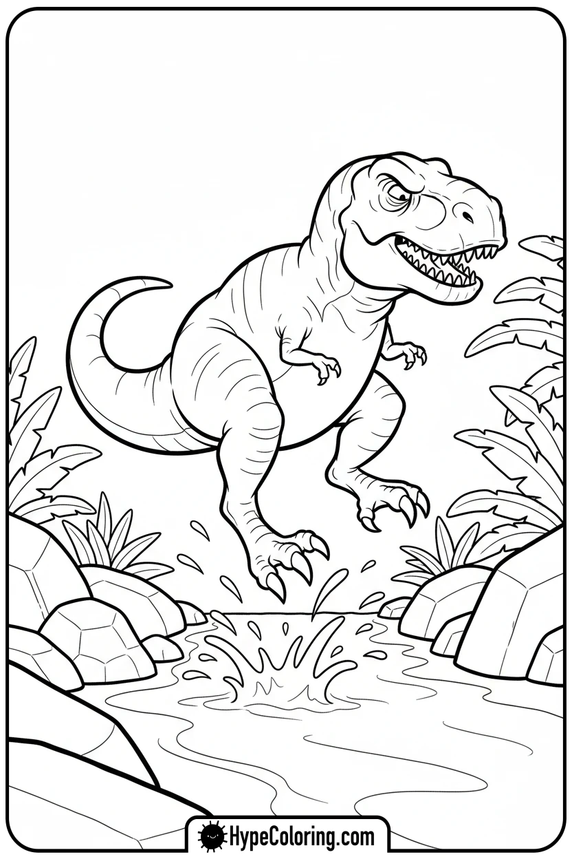 t-rex-jumping-over-stream - t rex dinosaur coloring pages