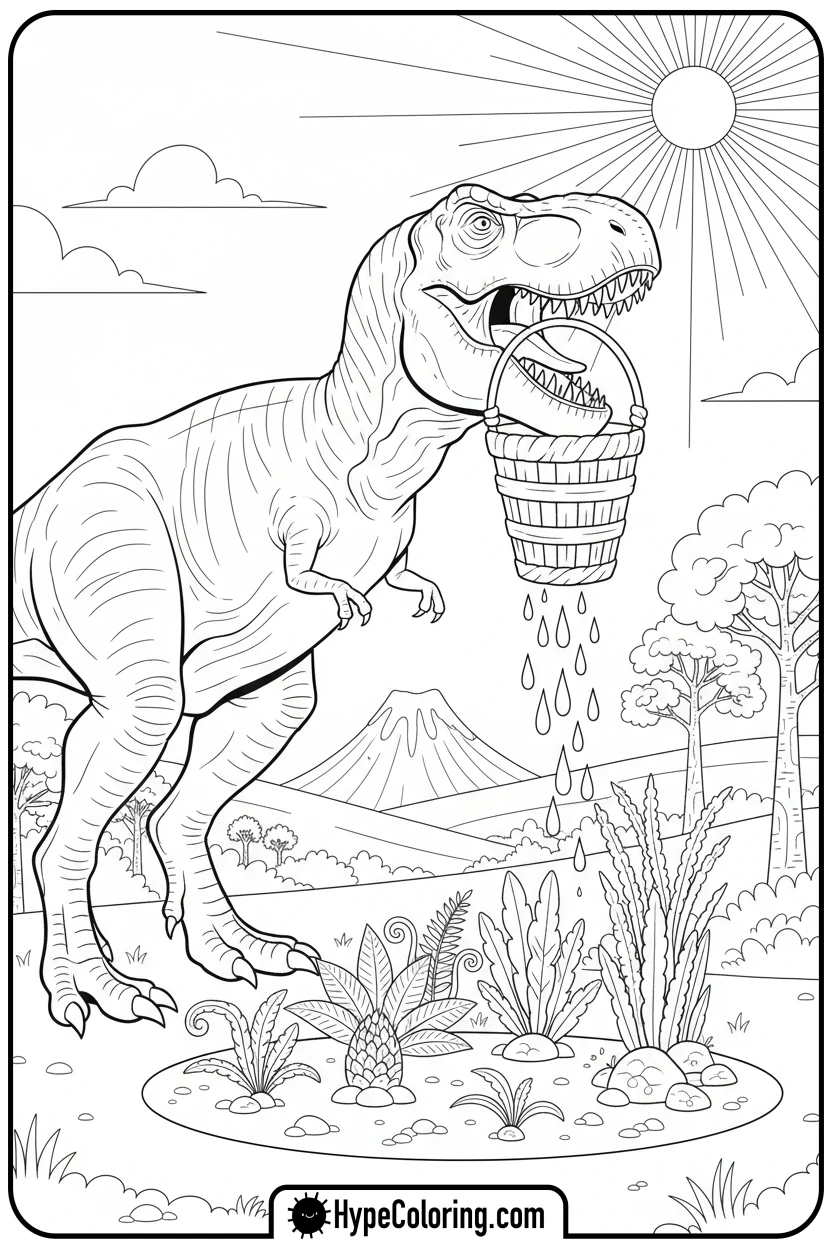 t-rex-watering-plants - t rex dinosaur coloring pages