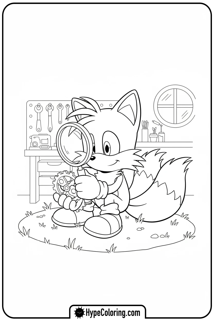 Click to download PDF tails-examining-cogwheel - tails color page