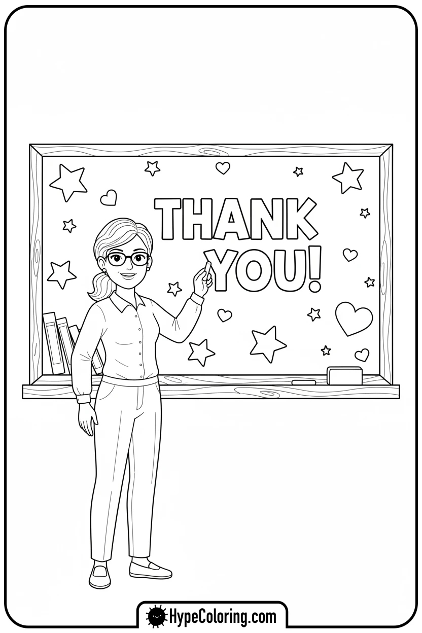 teacher-writing-thank-you-on-blackboard - teacher appreciation coloring page