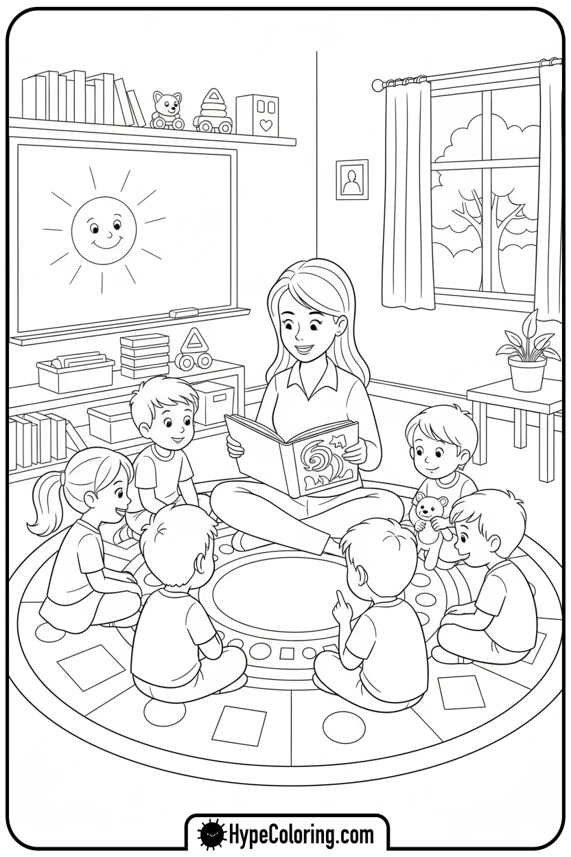 teacher-reading-to-children-on-rug - teacher appreciation coloring page