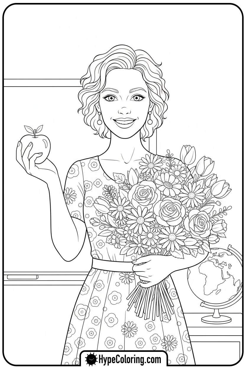 teacher-with-apple-and-flowers - teacher appreciation coloring page