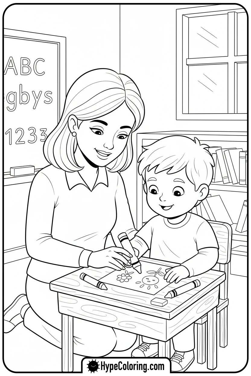 teacher-helping-student-draw - teacher appreciation coloring page