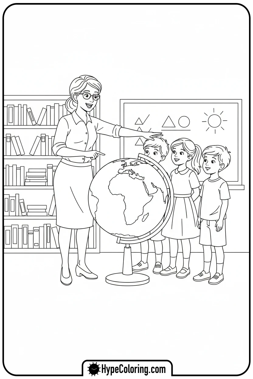 teacher-pointing-at-globe - teacher appreciation coloring page