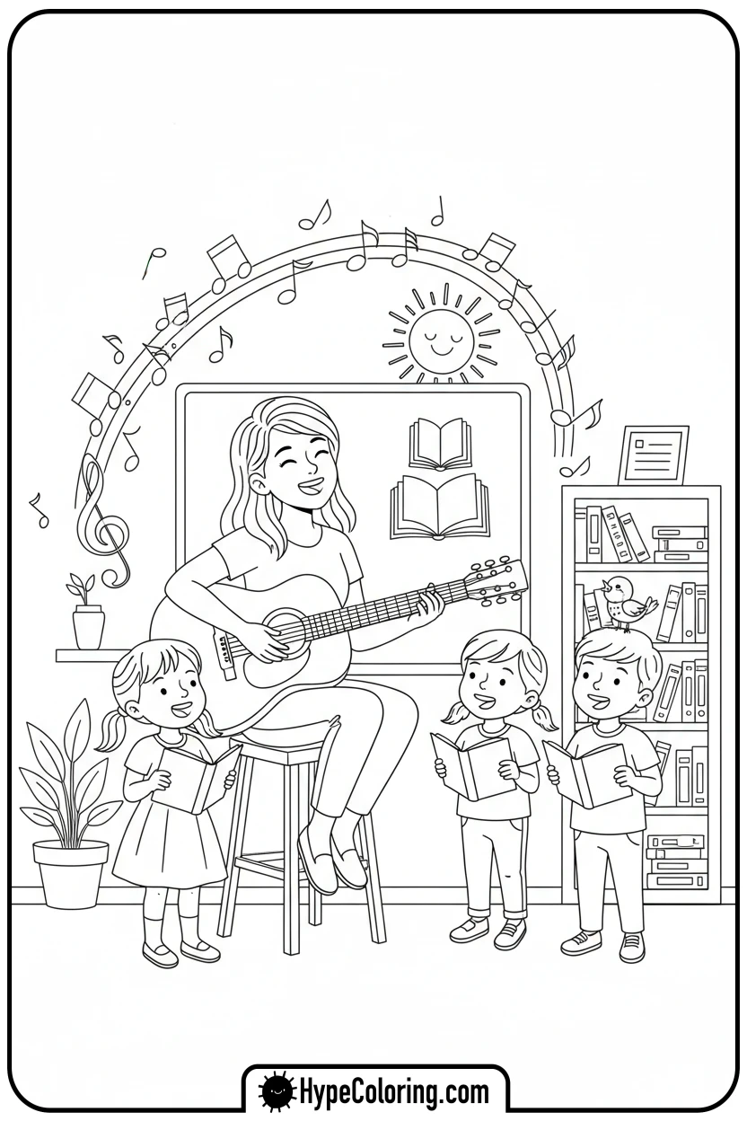 teacher-playing-guitar-with-kids - teacher appreciation coloring page