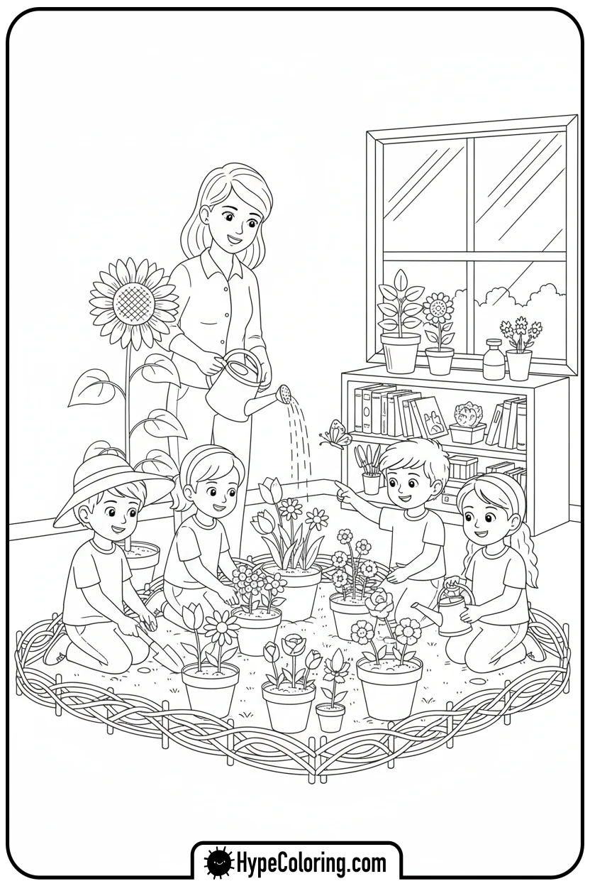 teacher-and-kids-watering-plants - teacher appreciation coloring page