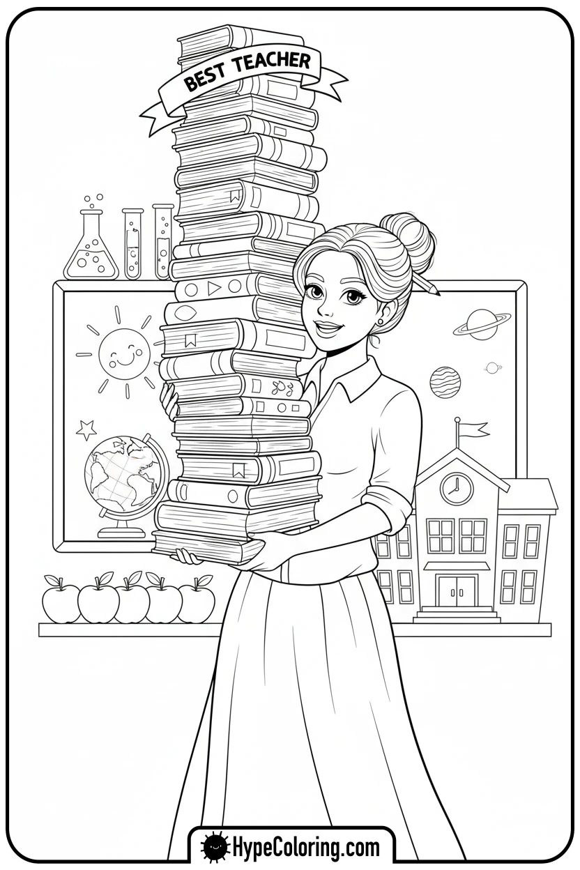 teacher-balancing-stack-of-books - teacher appreciation coloring page