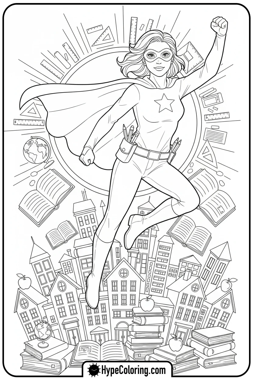super-teacher-flying-over-city - teacher appreciation coloring page