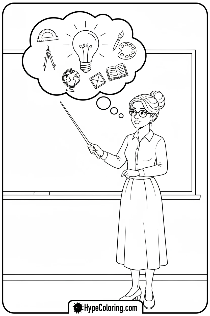 teacher-with-thought-bubble-of-ideas - teacher appreciation coloring page