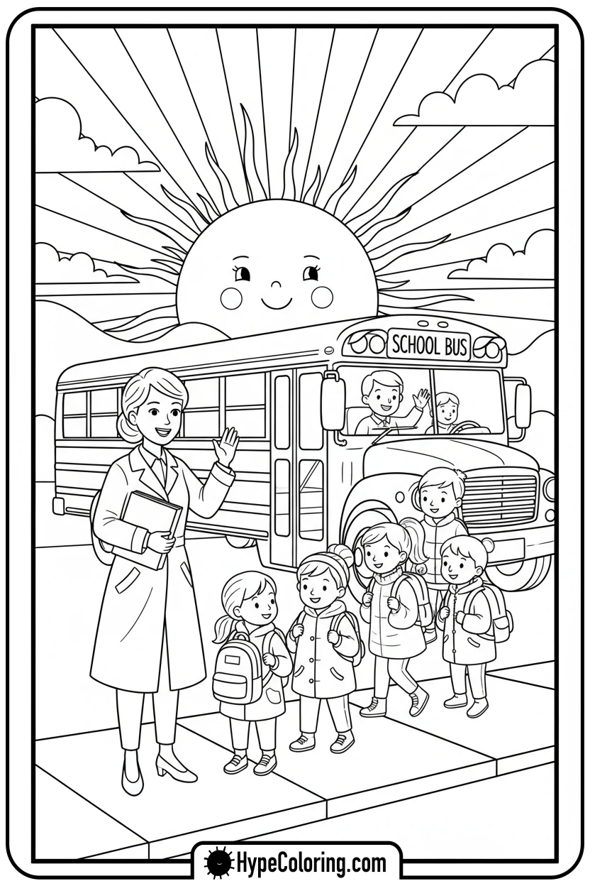 teacher-waving-to-school-bus - teacher appreciation coloring page