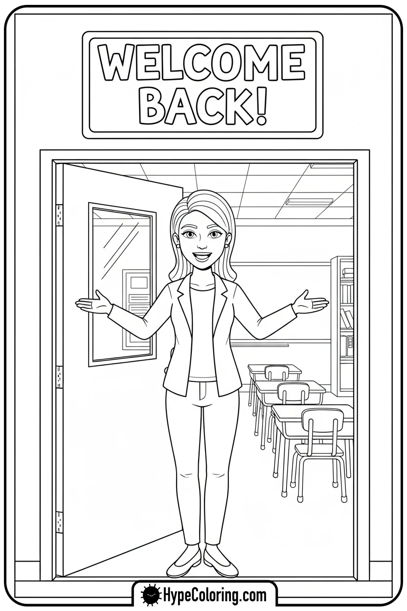 teacher-welcoming-at-classroom-door - teacher appreciation coloring page