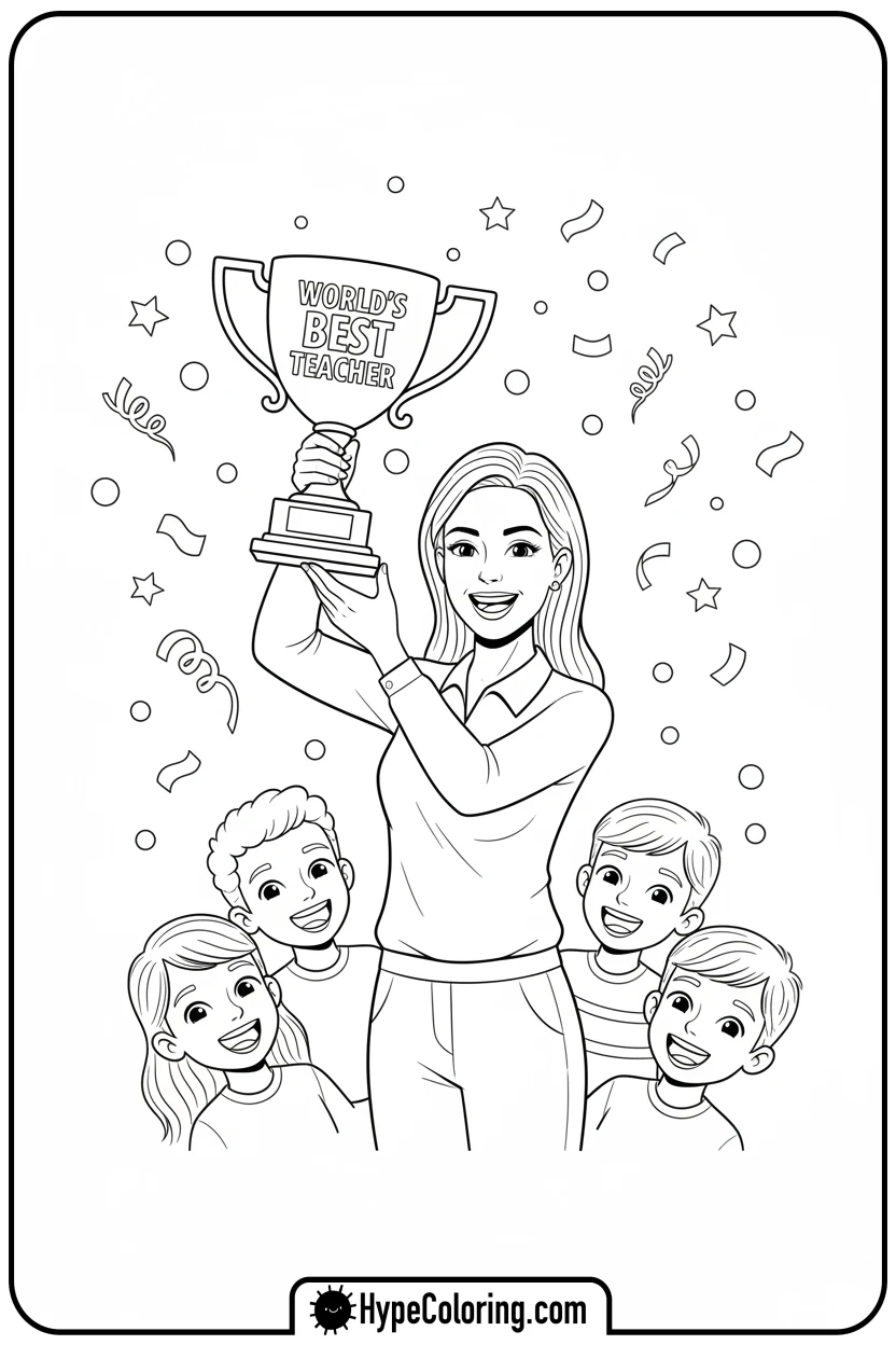 teacher-holding-best-teacher-trophy - teacher appreciation coloring page