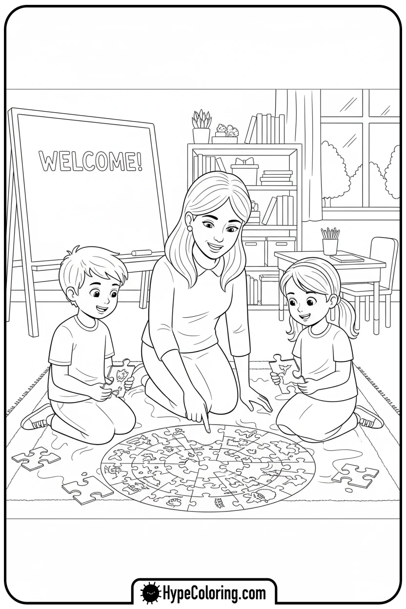 teacher-and-students-doing-puzzle - teacher appreciation coloring page