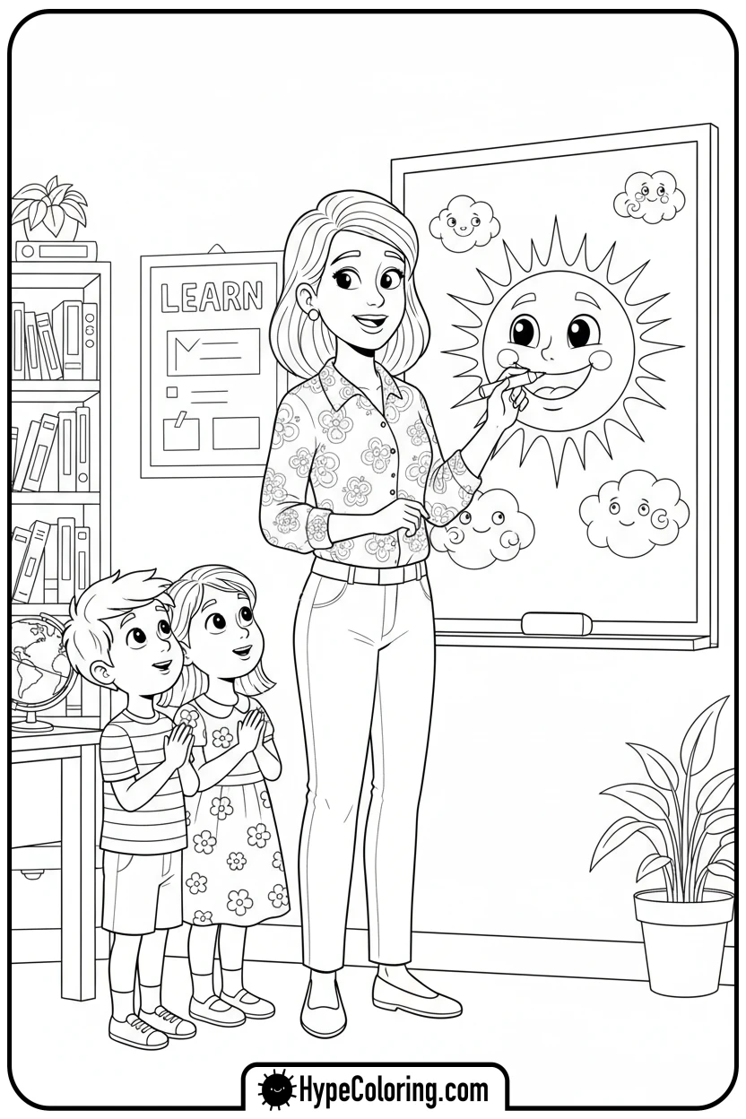 teacher-drawing-on-whiteboard - teacher appreciation coloring page