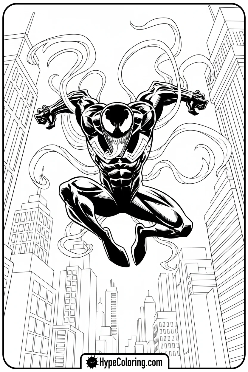 venom-leaping-across-city - venom coloring page