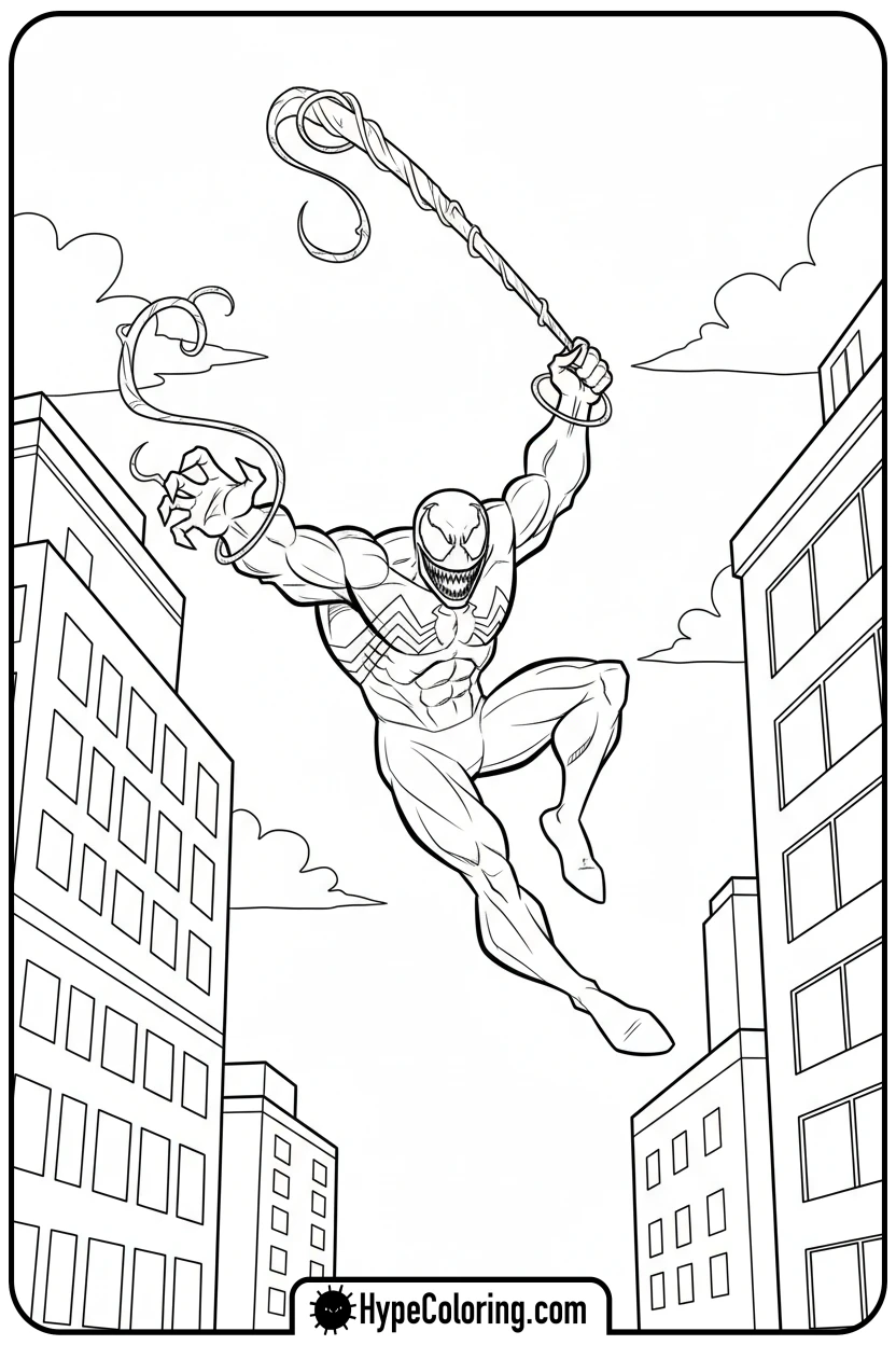 venom-swinging-between-buildings - venom coloring page