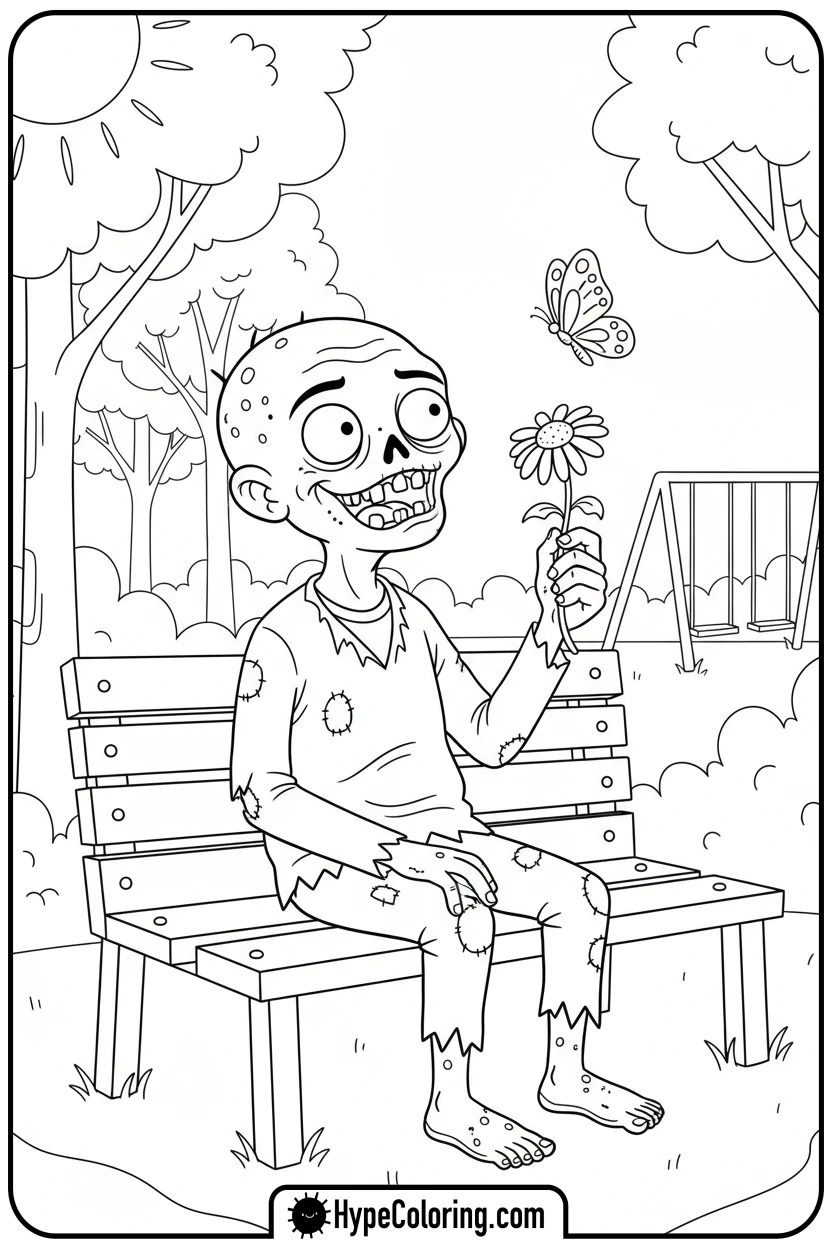 zombie-with-daisy-and-butterfly - zombie coloring page