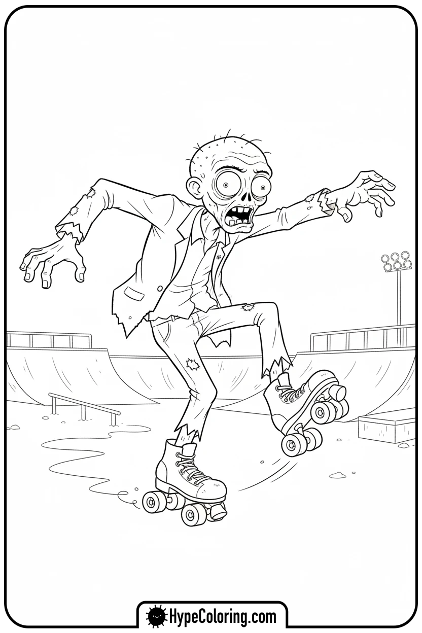clumsy-zombie-roller-skating - zombie coloring page