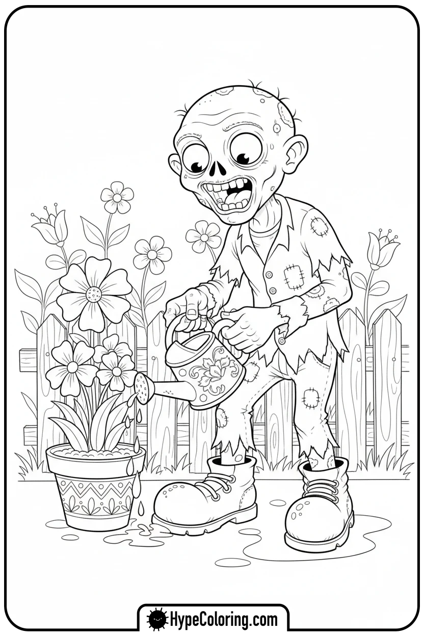 happy-zombie-watering-flowers - zombie coloring page