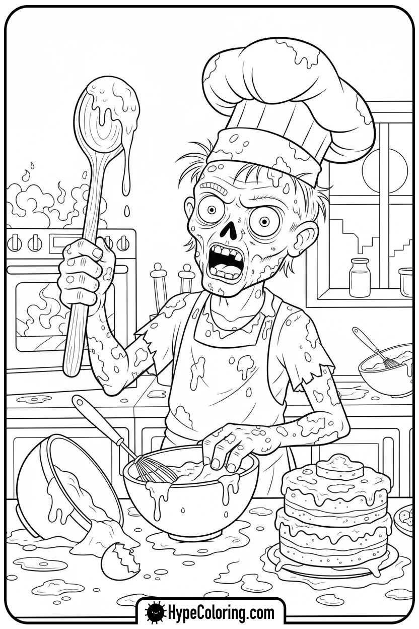 zombie-baking-messy-cake - zombie coloring page