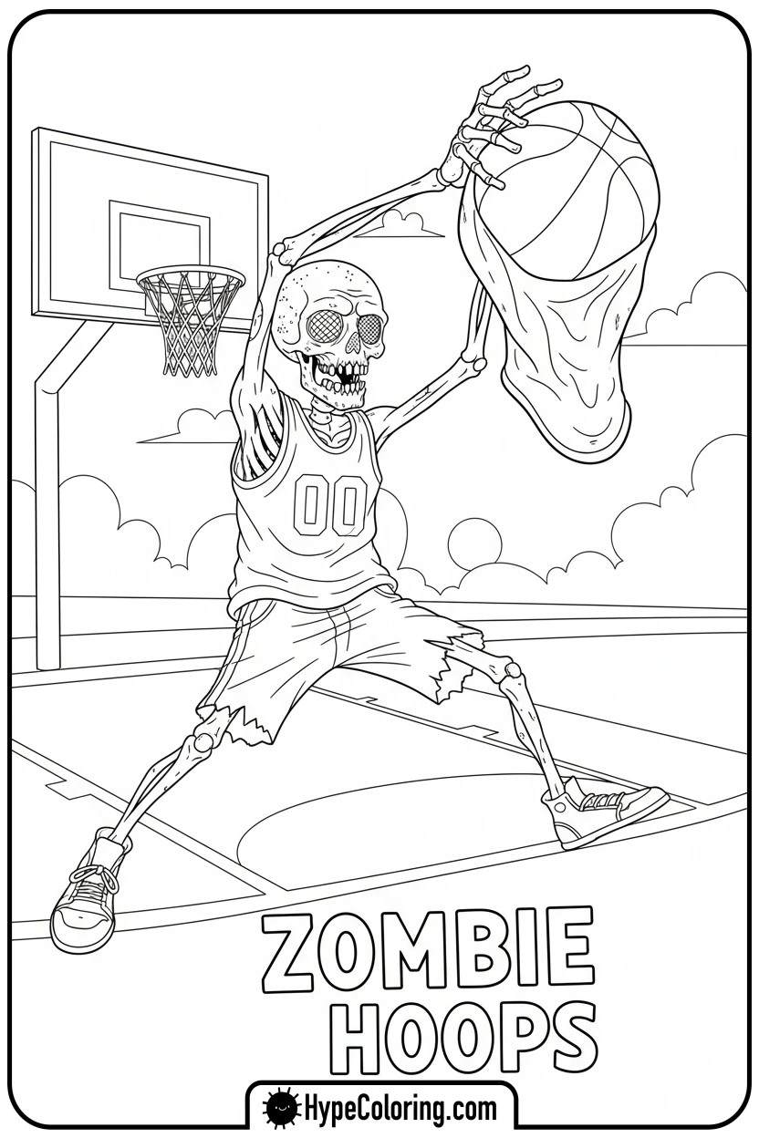 zombie-catching-deflated-basketball - zombie coloring page