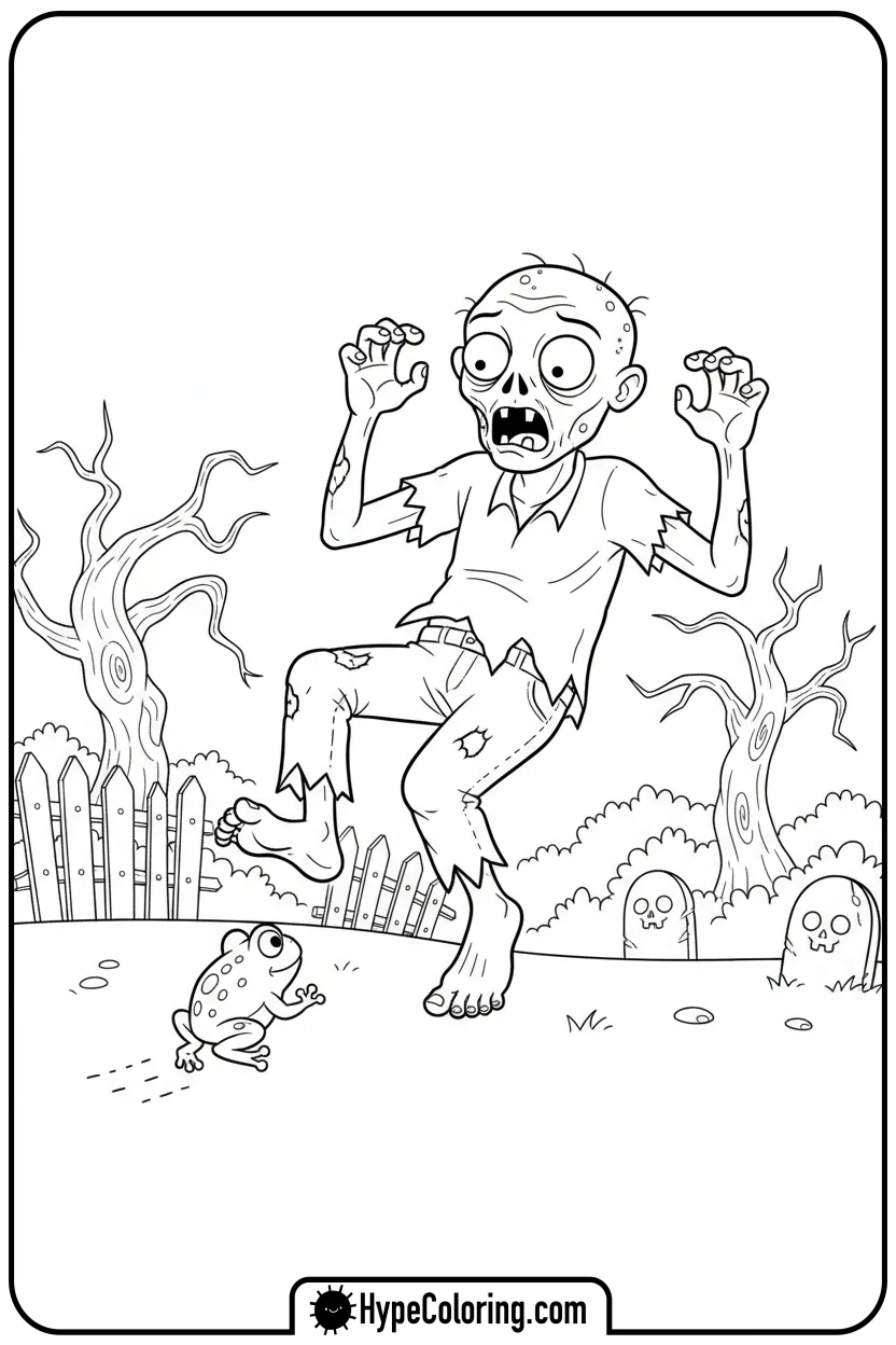 surprised-zombie-with-frog - zombie coloring page
