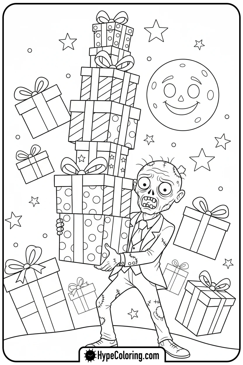zombie-carrying-gift-boxes - zombie coloring page