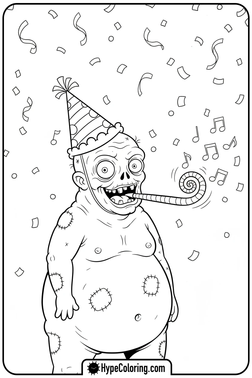 zombie-celebrating-with-party-hat - zombie coloring page