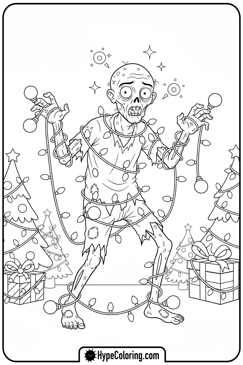 clumsy-zombie-in-holiday-lights - zombie coloring page