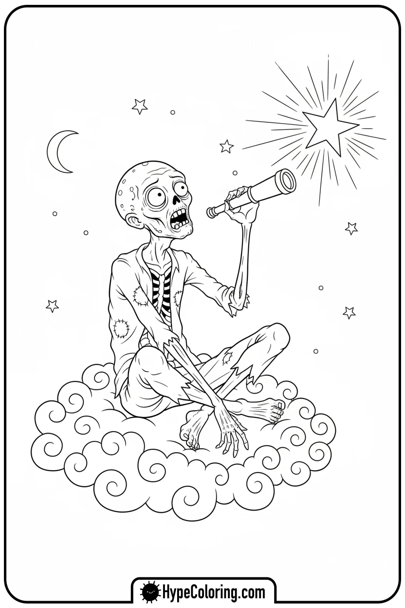 thoughtful-zombie-on-cloud - zombie coloring page