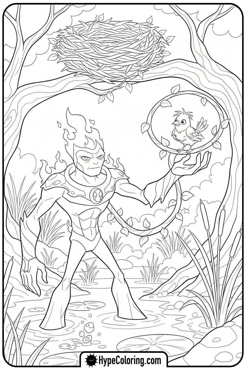 swampfire-lifting-bird-with-vine - ben ten coloring pages