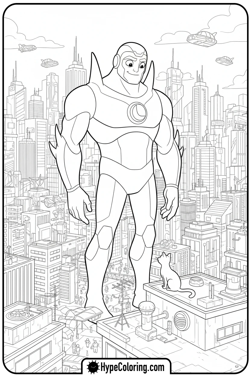 way-big-looking-at-cat-in-city - ben ten coloring pages
