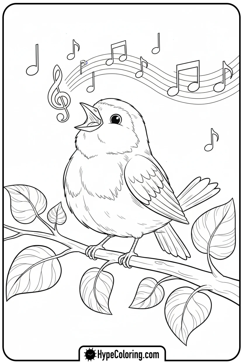 Click to download PDF robin-singing-on-branch - birds coloring page