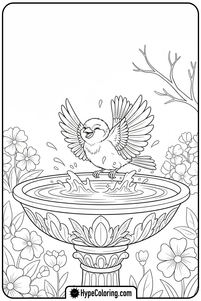 Click to download PDF sparrow-splashing-in-bird-bath - birds coloring page