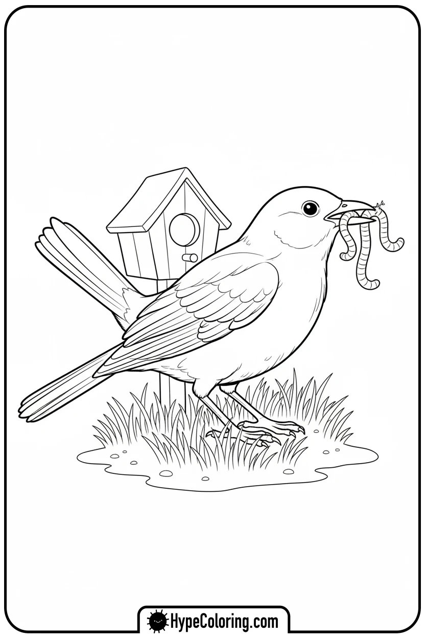 Click to download PDF blackbird-with-worm - birds coloring page