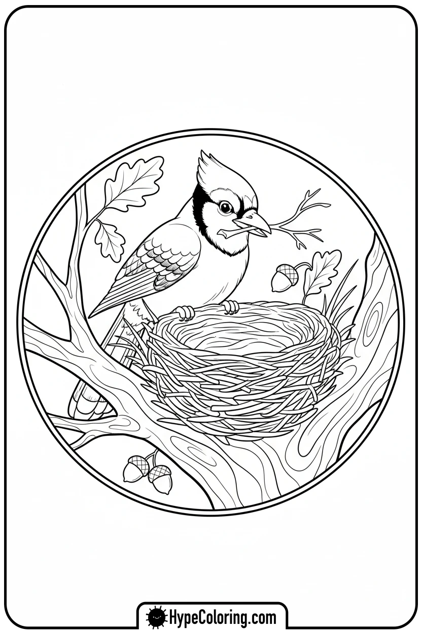 Click to download PDF blue-jay-building-nest - birds coloring page