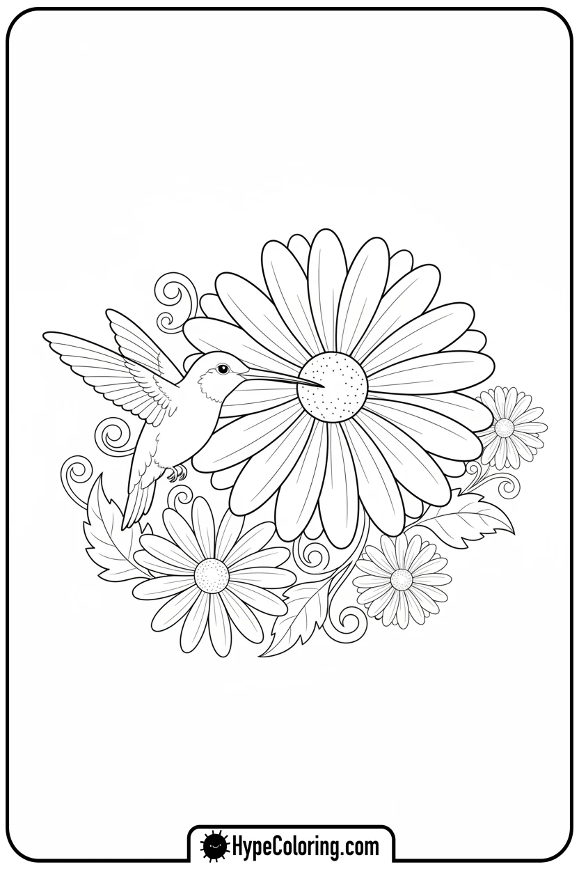 Click to download PDF hummingbird-on-daisy - birds coloring page