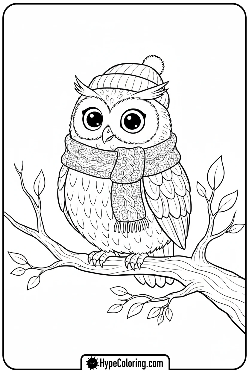 Click to download PDF owl-in-scarf-and-hat - birds coloring page