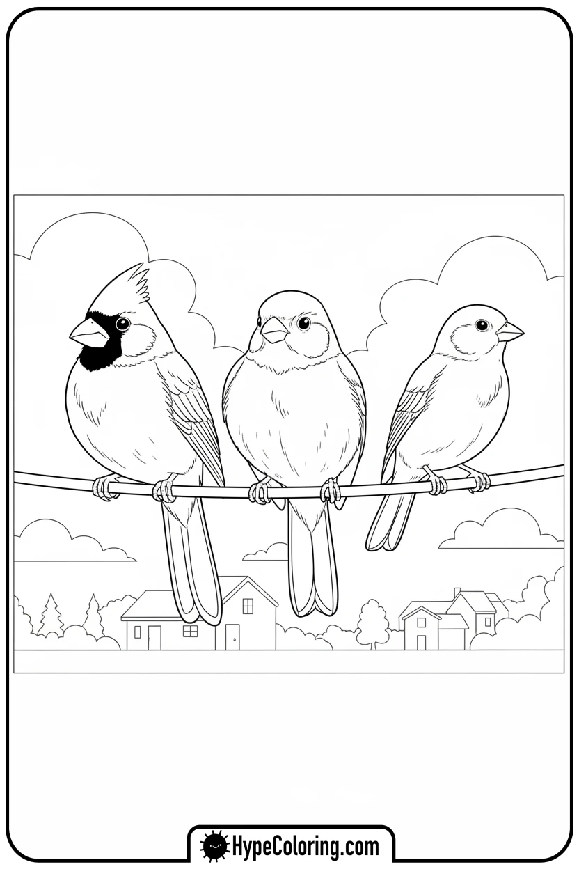 Click to download PDF three-birds-on-wire - birds coloring page